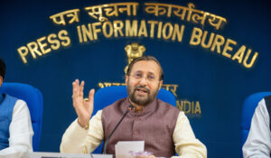 Former Indian Minister of Environment, Forest and Climate Change, Information and Broadcasting, Heavy Industries and Public Enterprises Prakash Javadekar briefing media. (Shutterstock)